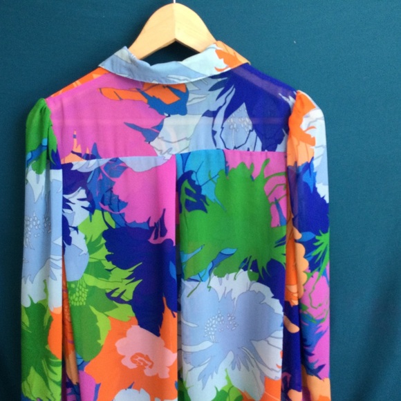Shein Colorful Artsy Oversize Button Up Blouse Boho Chiffon Sheer Disco - Picture 10 of 13